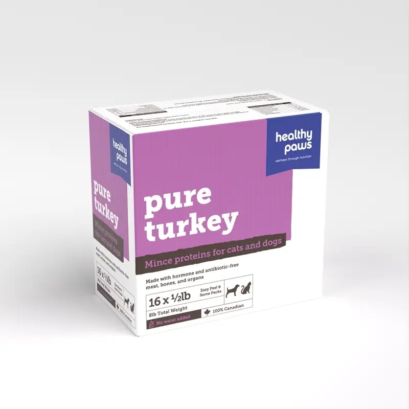 Box of Healthy Paws pure turkey mince for cats and dogs, containing sixteen 1/2lb packs.