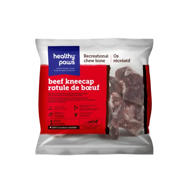 A package of Healthy Paws beef kneecap recreational chew bone, featuring clear branding and a photo of the bone pieces inside. The label highlights it as a Canadian product with red and white colors.