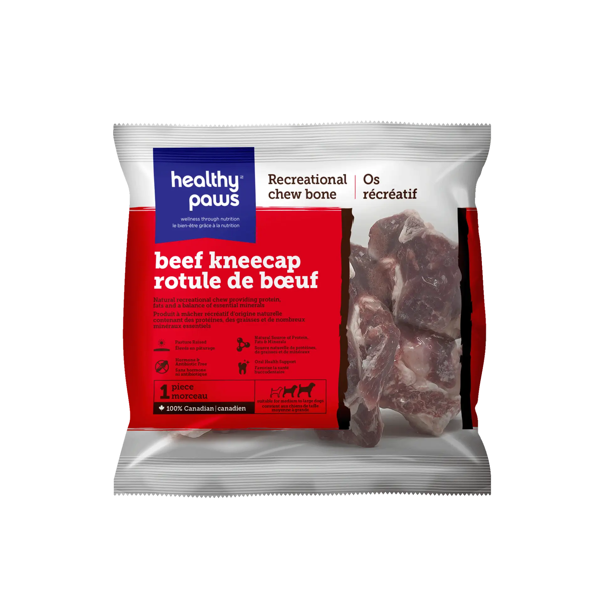 A package of Healthy Paws beef kneecap recreational chew bone, featuring clear branding and a photo of the bone pieces inside. The label highlights it as a Canadian product with red and white colors.