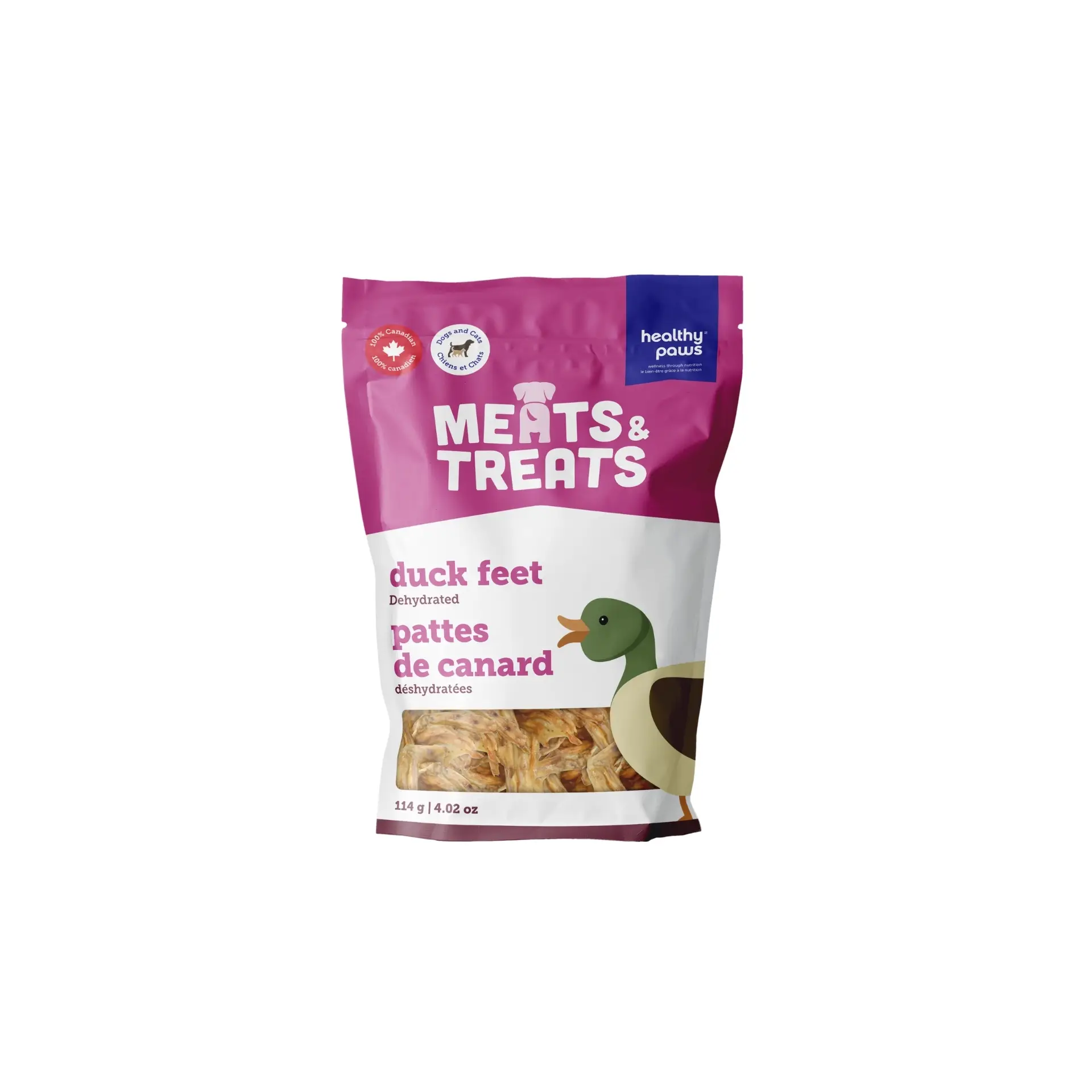 A pink and purple bag of Healthy Paws Dehydrated Duck Feet 454g for pets, featuring a duck illustration and product details in English and French on the front.