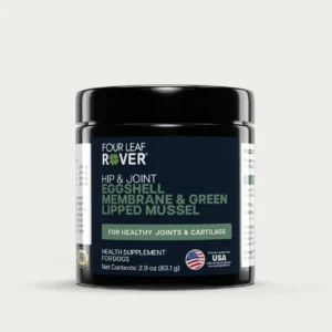 A 2.9 oz black jar of Four Leaf Rover Hip & Joint, a dog supplement for healthy joints and cartilage, with eggshell membrane and green lipped mussel. Made in the USA; available from Four Leaf Rover Canada.