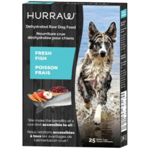 A 2.5 kg box of Hurraw Dehydrated Dog Food with a "Fresh Fish" flavor features packaging adorned with an image of an enthusiastic dog running through water, alongside pictures of fish, vegetables, and berries. The package equates to approximately 25 metric cups of dog food.