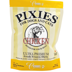 A bag of Carnivora Pixies ultra-premium fresh frozen chicken patties for dogs and cats.