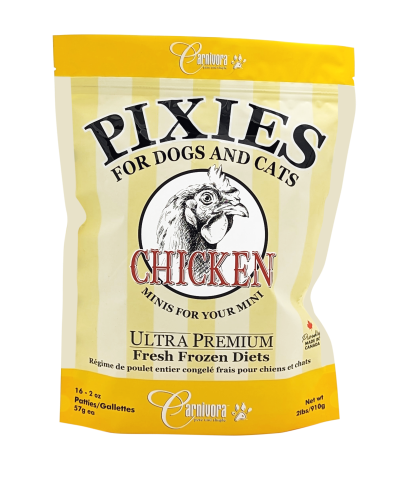 A bag of Carnivora Pixies ultra-premium fresh frozen chicken patties for dogs and cats.