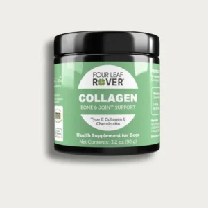 A jar of Four Leaf Rover Collagen Bone & Joint Support, a health supplement for dogs. The green and black container is labeled with product details and contains 3.2 oz (90 g).