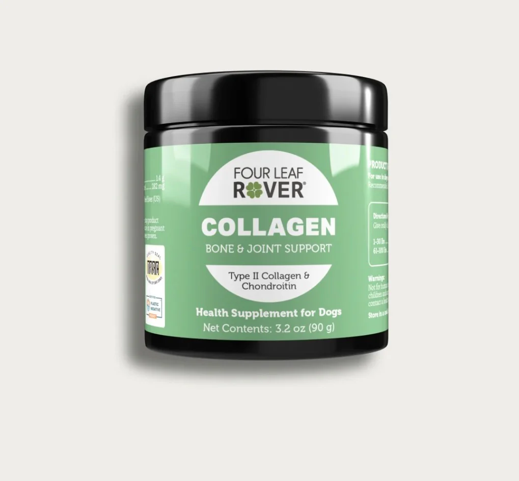 A jar of Four Leaf Rover Collagen Bone & Joint Support, a health supplement for dogs. The green and black container is labeled with product details and contains 3.2 oz (90 g).