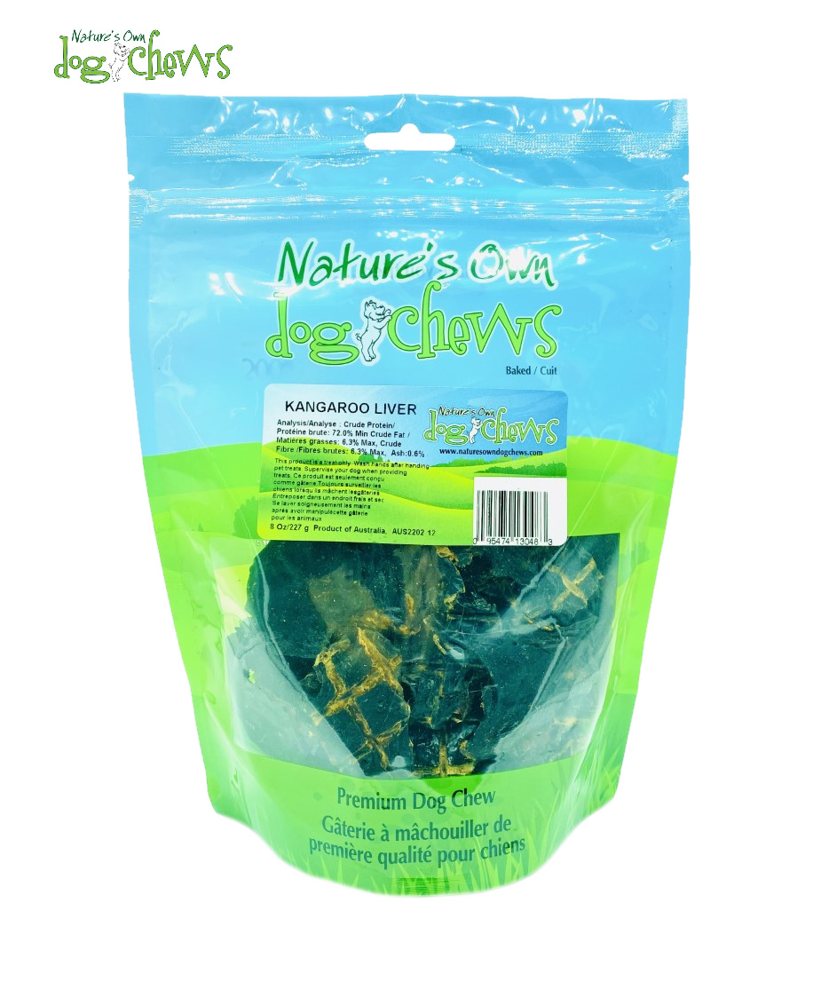 A blue and green resealable bag labeled "Nature's Own Dog Chews" contains kangaroo liver dog treats. The packaging has text in both English and French and displays the product visibly through a clear window.