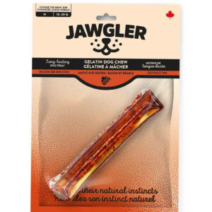 A packaged Jawgler gelatin dog chew in maple and bacon flavor for medium dogs (10–30 lb), displayed on a beige and orange blister pack with a bone-shaped treat visible in the center.