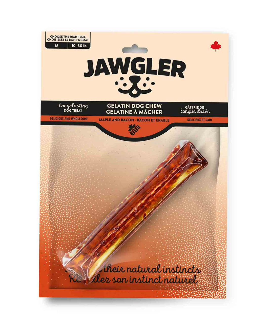 A packaged Jawgler gelatin dog chew in maple and bacon flavor for medium dogs (10–30 lb), displayed on a beige and orange blister pack with a bone-shaped treat visible in the center.