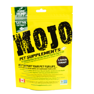 Bright yellow bag of Mojo Pet Supplements for dogs and cats, featuring bold black text, a green “Pure Hemp” label, and information about hemp and liver snap flavor. The package is upright and clearly labeled.