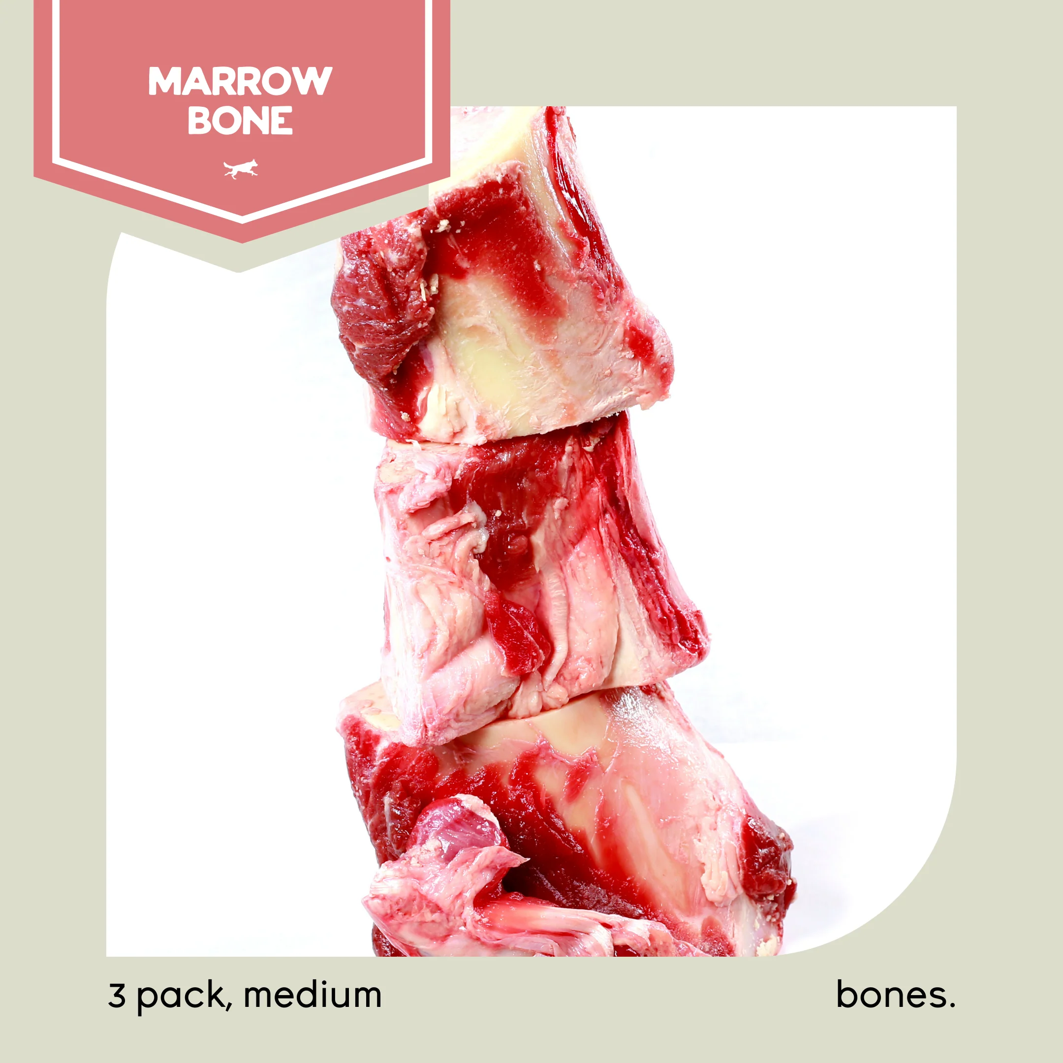 Three medium marrow bones are stacked vertically on a white background. In the top left corner, a label reads "Raw Performance Medium Marrow Bones." The bottom text indicates "3 Packs.