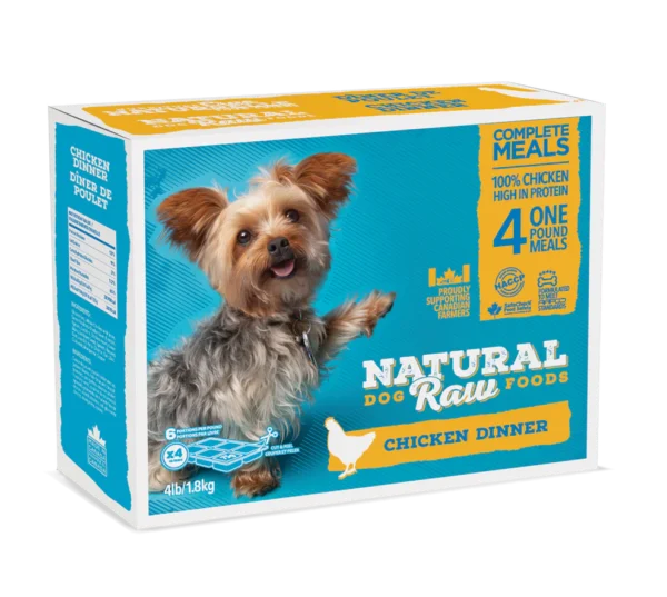 A box of "Natural Raw Foods" dog food featuring a small, happy dog. The product is labeled as "Chicken Dinner" and contains 100% chicken. The package includes four 1-pound meals and weighs 4 lbs (1.8 kg). The text highlights its high protein content.