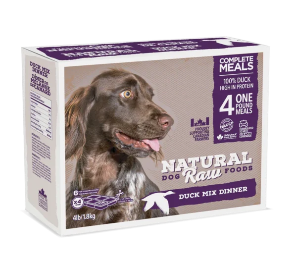 Image of a box of Natural Raw Foods Complete Meals for dogs, featuring a duck mix dinner. The box highlights the main ingredients: 100% duck, high in protein. It contains 4 one-pound meals (1.8 kg total). The packaging shows a happy dog and several quality certifications.