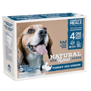 A box of Natural Raw Foods Turkey Mix Dinner for dogs. The packaging features an image of a happy Beagle with its tongue out. Key information includes "Complete Meals," 100% turkey and lamb, 4 one-pound meals, and high in protein. The box weighs 4 lbs (1.81 kg).