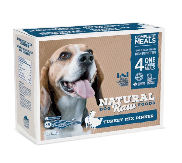 A box of Natural Raw Foods Turkey Mix Dinner for dogs. The packaging features an image of a happy Beagle with its tongue out. Key information includes "Complete Meals," 100% turkey and lamb, 4 one-pound meals, and high in protein. The box weighs 4 lbs (1.81 kg).