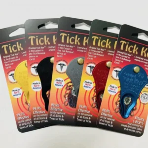 Five Tick Key tick removal tools in gold, orange, gray, red, and blue are displayed fanned out in their packaging on a white background. Each Tick Key package showcases the product’s effectiveness at safely removing ticks.