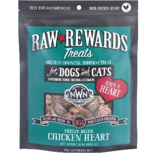 Image of a bag of Raw Rewards Treats for dogs and cats. The packaging highlights "100% Chicken Heart," "Great for training, topper, or treat," and "Made in USA, Portland, Oregon." The weight is listed as 3.0 oz (85.5 g).