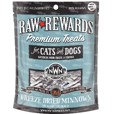 A package of Raw Rewards Premium Treats for cats and dogs. The bag contains freeze-dried minnows and is branded with "NW Naturals" from Portland, Oregon. The package highlights that it includes only one ingredient.