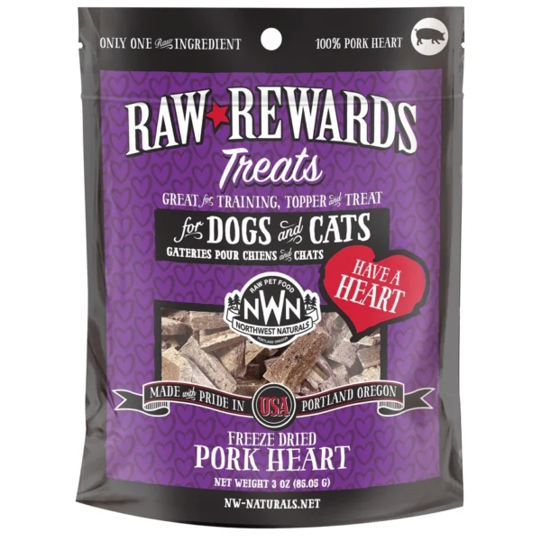 Purple package of Raw Rewards Treats for dogs and cats. Features freeze-dried pork heart. Highlights single ingredient, made in the USA. Includes heart graphics and "Have a Heart" message. Net weight 3 oz (85.05 g).