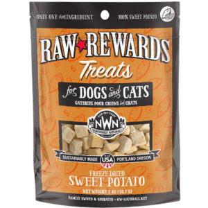 A package of Raw Rewards Treats for dogs and cats. The bag is orange with black and white text, highlighting that it's made with only one ingredient: freeze-dried sweet potato. Made in Portland, Oregon, USA. Net weight 2 oz (56.7g).