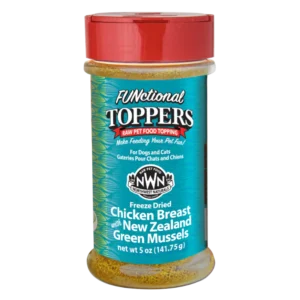 A 5-ounce container of NWN Functional Toppers, a raw pet food topping for dogs and cats, featuring freeze-dried chicken breast with New Zealand green mussels. The container has a red lid and turquoise label.