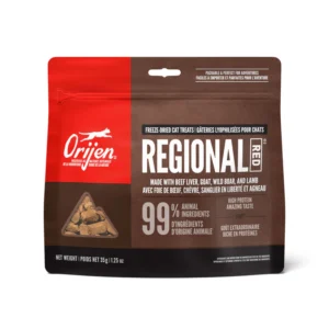 The product image features a package of Orijen Freeze Dried Regional Red Cat Treats (35 g). The packaging is styled with brown and red accents, displaying an image of the treats and emphasizing that 99% of the ingredients are animal-based, including beef, goat, boar, and lamb.