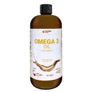 A brown plastic bottle of Totally Raw Pet Food Omega 3 Oil with a label featuring fish illustrations and oil splash graphics.