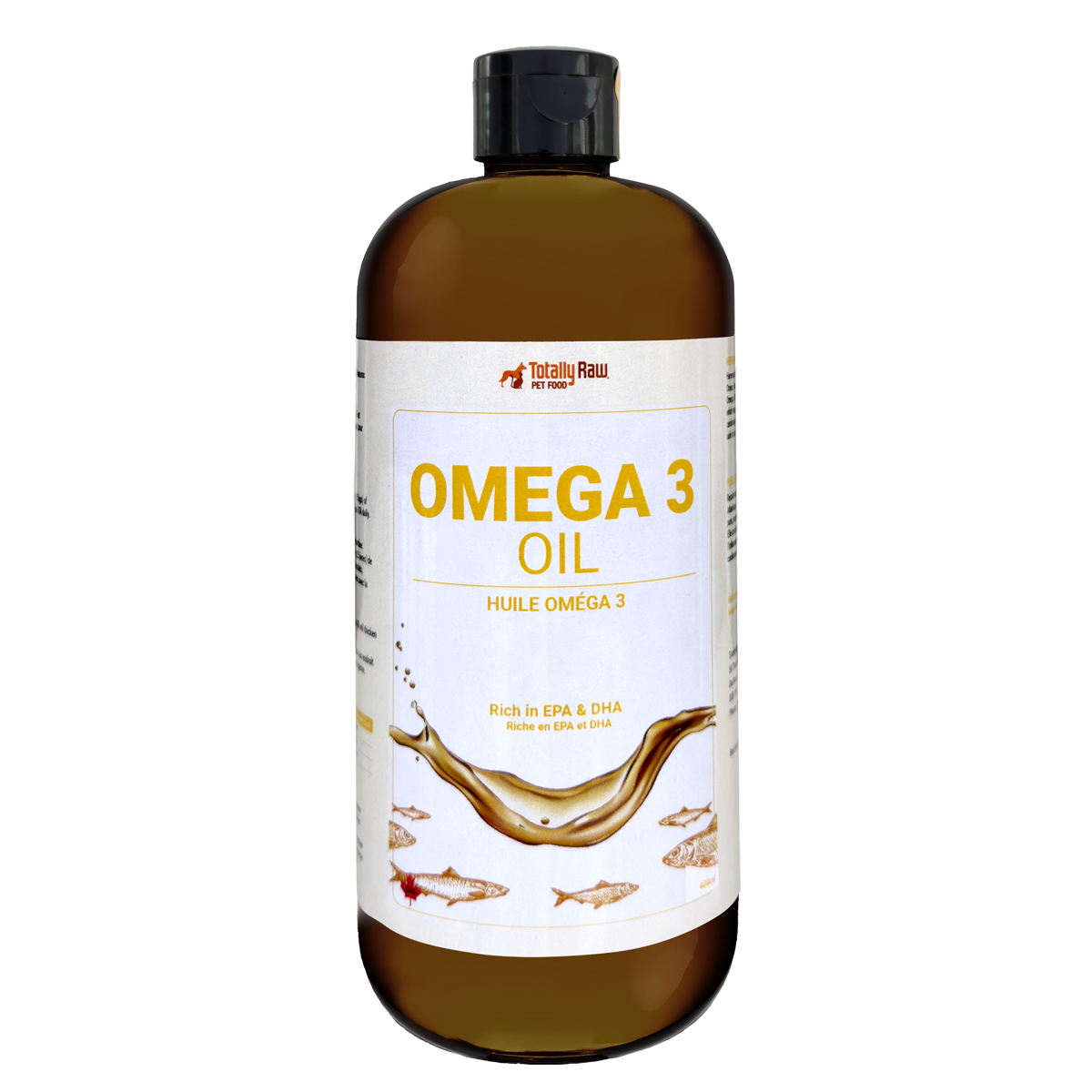 A brown plastic bottle of Totally Raw Pet Food Omega 3 Oil with a label featuring fish illustrations and oil splash graphics.