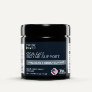 A black Four Leaf Rover jar labeled "Digest Probiotic & Enzyme Blend" is a health supplement for dogs supporting pancreas and organ health, featuring a USA flag and a net content of 34.5 g.
