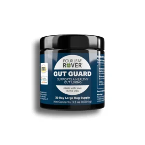 A black jar labeled "Four Leaf Rover Gut Guard" intended to support a healthy gut lining for dogs. The jar is a 30-day supply for large dogs, weighing 3.5 oz (100.4 g). The product is made in the USA.