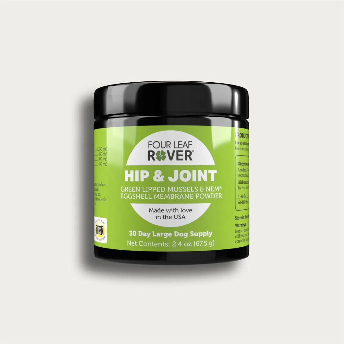 A black container with a green label for "Four Leaf Rover Hip & Joint," a powder supplement for dogs. The label highlights ingredients like green lipped mussels and eggshell membrane. It is a 30-day supply for large dogs, weighing 2.4 oz (67.5 g).