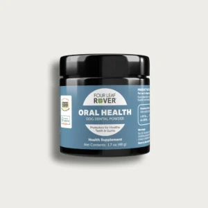 A black jar of Four Leaf Rover Oral Health Dog Dental Powder, featuring a blue label with white text, promoting probiotics for healthy teeth and gums in dogs. Net contents: 1.7 oz (48 g).