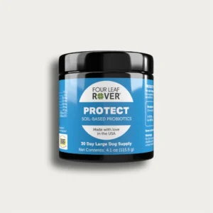 A jar of Four Leaf Rover Protect Soil-Based Probiotics for large dogs. The blue and black container indicates it is a 30-day supply, weighing 4.1 ounces (115.5 grams) and is made in the USA. The product aims to support canine health with soil-based probiotics.