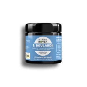 A black container of Four Leaf Rover S. Boulardii probiotic yeast, labeled for occasional digestive distress in dogs. The label states it's made in the USA, provides a 30-day supply for large dogs, and contains 1.7 oz (48.2g).