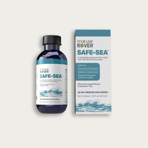 A bottle and box of Four Leaf Rover SAFE-SEA, a dietary supplement for dogs. The bottle is dark blue with a white label, while the box features turquoise and white colors with text and an ocean wave illustration. The label mentions Green Lipped Mussel and Ahiflower oils.