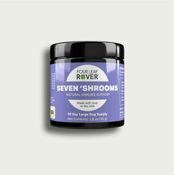 A jar of Four Leaf Rover Seven 'Shrooms Natural Immune Support for dogs, 1.8 oz (51 g). The jar is purple with a black lid and features white and green text. It claims to be a 30 day supply for large dogs and is made in the USA.