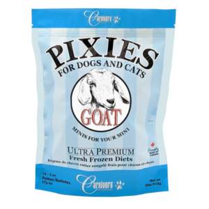 A blue and white bag of Carnivora Pixies Ultra Premium Fresh Frozen Diets for dogs and cats, featuring a goat illustration and labeled “GOAT Minis for your mini.” The package weighs 570g (16 portions).