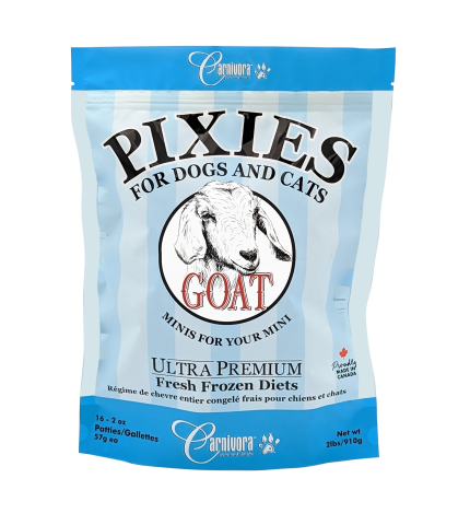 A blue and white bag of Carnivora Pixies Ultra Premium Fresh Frozen Diets for dogs and cats, featuring a goat illustration and labeled “GOAT Minis for your mini.” The package weighs 570g (16 portions).
