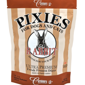A bag of Carnivora Pixies Ultra Premium Fresh Frozen Diets for dogs and cats. The package is beige and orange with a rabbit illustration and labeled as rabbit-flavored minis.