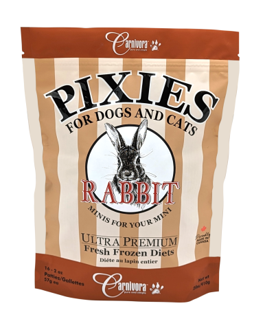 A bag of Carnivora Pixies Ultra Premium Fresh Frozen Diets for dogs and cats. The package is beige and orange with a rabbit illustration and labeled as rabbit-flavored minis.