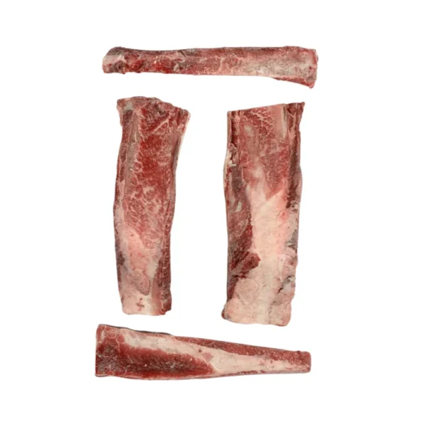 Four Artisan Farms Frozen Extra Meaty Prime Beef Ribs, 2 lbs, are arranged vertically on a white background, highlighting marbled red and white patterns.