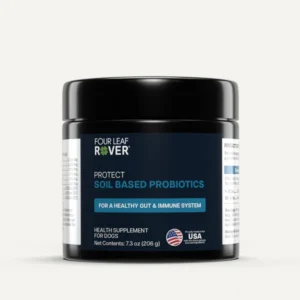 A black Four Leaf Rover jar labeled "Protect Soil-Based Probiotics 103.2 g" for dogs promotes gut and immune health. The jar features a USA flag and contains this trusted supplement powder for canine wellness.