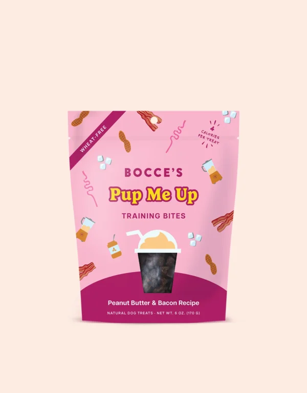 A pink 170g bag of Bocce’s Pup Me Up Training Bites, featuring peanut butter & bacon flavor and playful packaging illustrations of bacon, peanut butter jars, and treats.