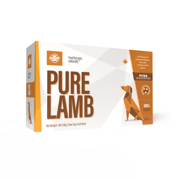 A box of Big Country Raw Pure Lamb 4x1lb raw dog food features orange and white packaging with a geometric dog design and text emphasizing 100% pure single protein and natural ingredients.