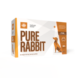 Big Country Raw Pure Rabbit 4x1lb features orange-and-white packaging with a geometric dog and rabbit, highlighting 100% single-protein and natural ingredients.