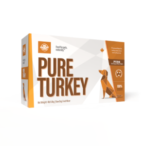 A rectangular box of Big Country Raw Pure Turkey 4lbs, in orange and white, with a geometric dog illustration and text stating it is 100% turkey and single protein.
