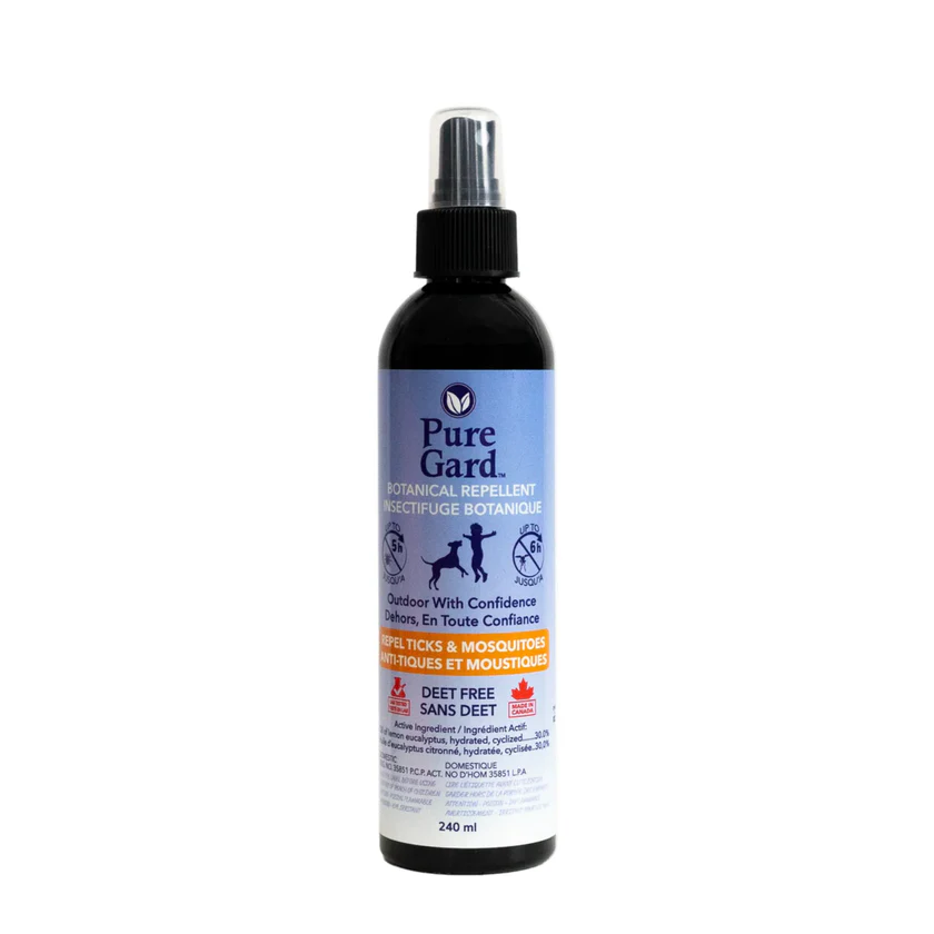 A 240 mL spray bottle of Pure Gard Botanical Repellent, designed to repel ticks and mosquitoes. The label is blue and white, mentioning it is DEET-free and safe for outdoor use.