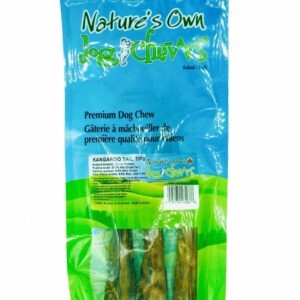 A blue and green bag labeled "Nature's Own Dog Chews" contains premium dog chew treats. The packaging features clear sections showing the chews inside and text in both English and French.