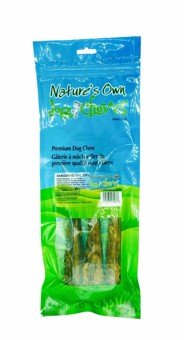 A blue and green bag labeled "Nature's Own Dog Chews" contains premium dog chew treats. The packaging features clear sections showing the chews inside and text in both English and French.