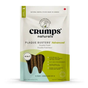 Packaging of Crumps' Naturals Plaque Busters Advanced dog treats. The bag is cream-colored with green accents and features a clear window showing the treats inside. It highlights benefits like fresh breath and plaque removal, made in Canada.